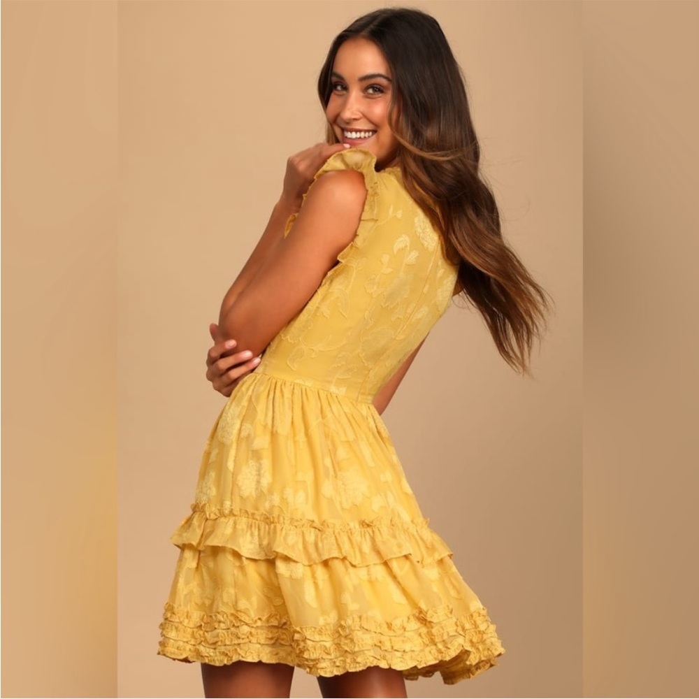Lulus New Gold Yellow, Ruffle Mini Dress, Medium; Floral Ruffled Mini Dress